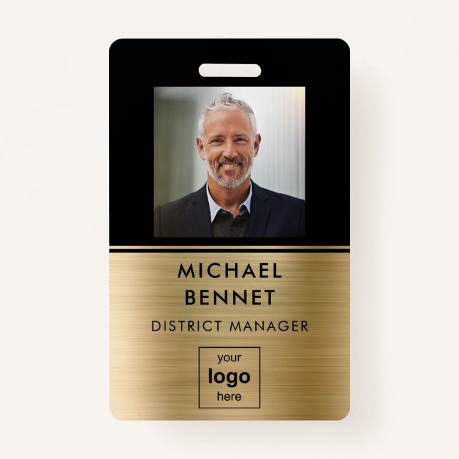 Modern Gold Black Employee Photo ID Badge (Front)