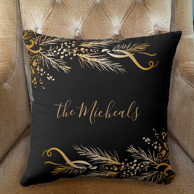 Modern Gold Black Family Name Merry Christmas Cushion (Personalize with Family Name Elegant Unique Golden Pine Berry Original Merry Christmas pillow.)