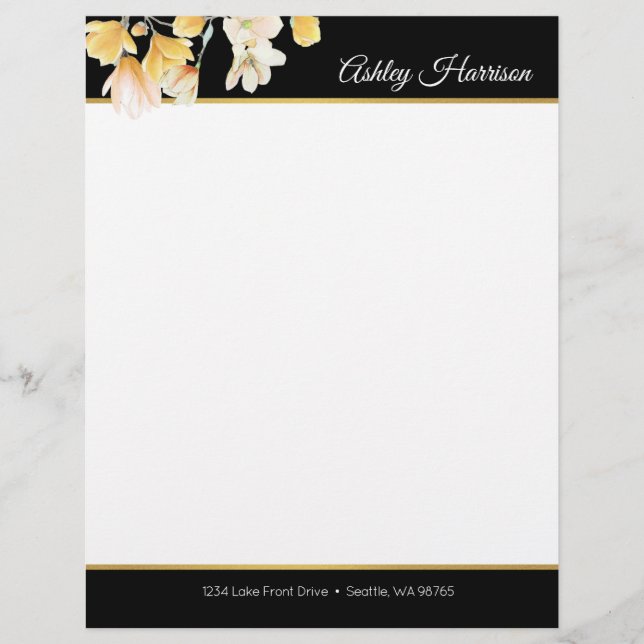 Modern Gold Black Floral Hand Lettered Typography Custom Letterhead (Front)