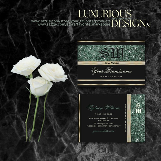 Modern Gold Black Forest Green Glitter Monogram Business Card (Creator Uploaded)