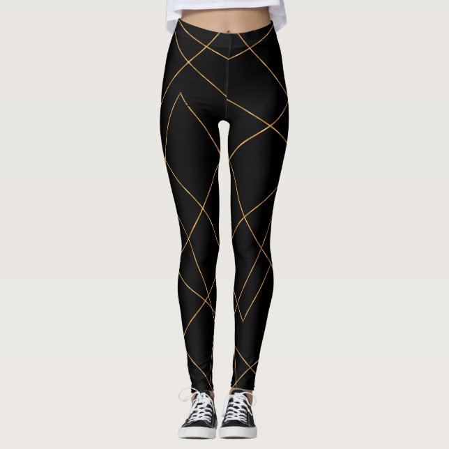 Modern Gold & Black Geometric Strokes Design Leggings (Front)