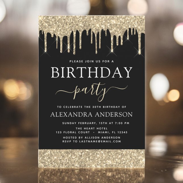 Modern Gold Black Glitter Any Age Birthday Invitation (Creator Uploaded)