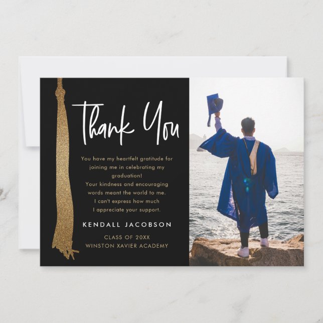 Modern Gold Black Graduation Cap Tassel Photo Thank You Card (Front)