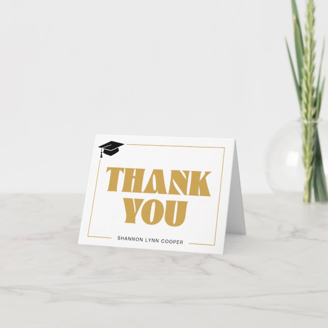 Modern Gold Black Graduation Cap Thank You Card (Front)