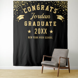 Modern Gold Black Graduation Photo Booth Backdrop Tapestry
