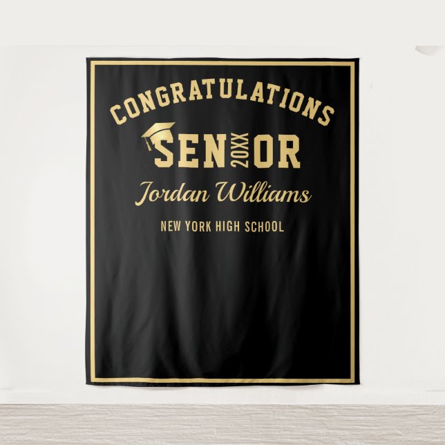 Modern Gold Black Graduation Photo Booth Backdrop Tapestry (Front)
