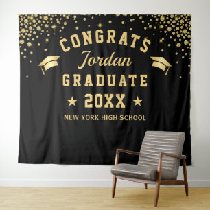 Modern Gold Black Graduation Photo Booth Backdrop Tapestry