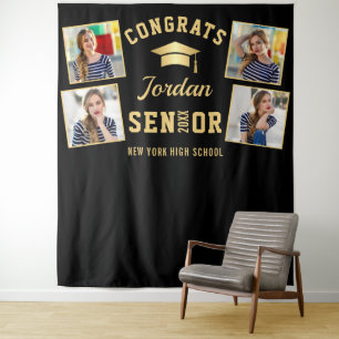 Modern Gold Black Graduation Photo Booth Backdrop Tapestry