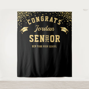 Modern Gold Black Graduation Photo Booth Backdrop Tapestry