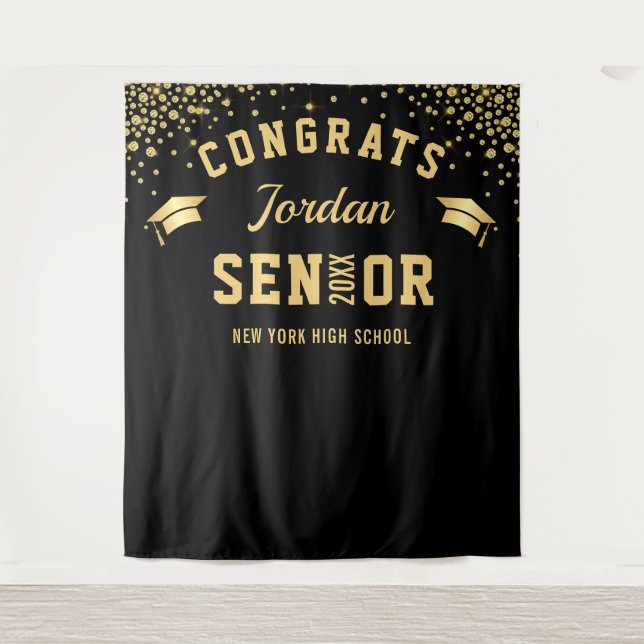 Modern Gold Black Graduation Photo Booth Backdrop Tapestry (Front)