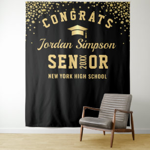 Modern Gold Black Graduation Photo Booth Backdrop Tapestry