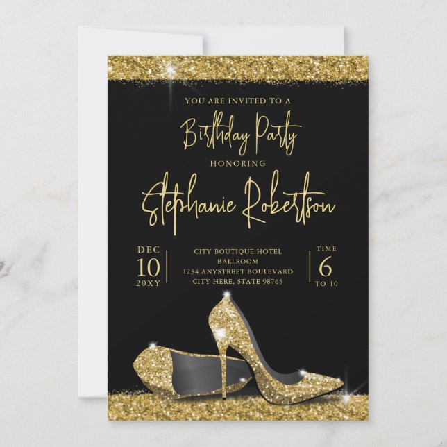 Modern Gold Black High Heels Birthday Party Invitation (Front)