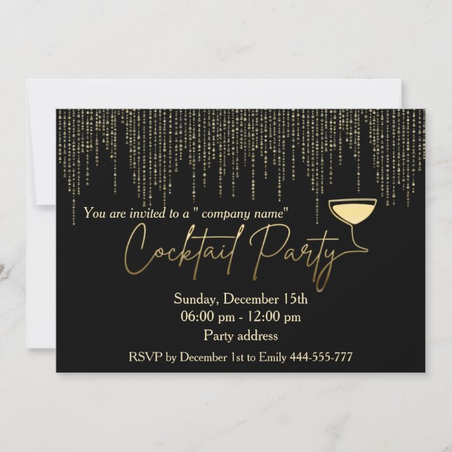 Modern gold black holiday cocktail party corporate invitation (Front)