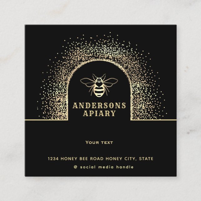 Modern gold black honey apiary beekepeers square business card (Front)