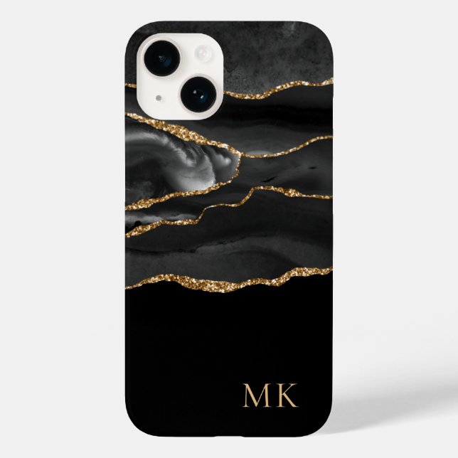 Modern Gold & Black Marble Agate Monogram Case-Mate iPhone Case (Back)