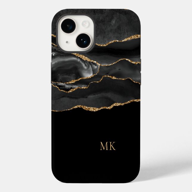 Modern Gold & Black Marble Agate Monogram Case-Mate iPhone Case (Back)