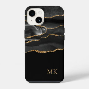 Modern Gold & Black Marble Agate Monogram iPhone 14 Case
