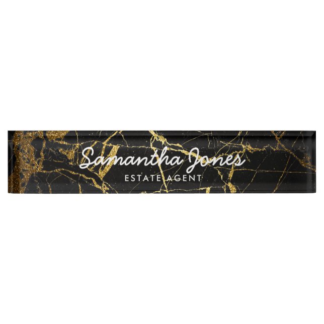 Modern Gold Black Marble Classic Personalised Nameplate (Front)