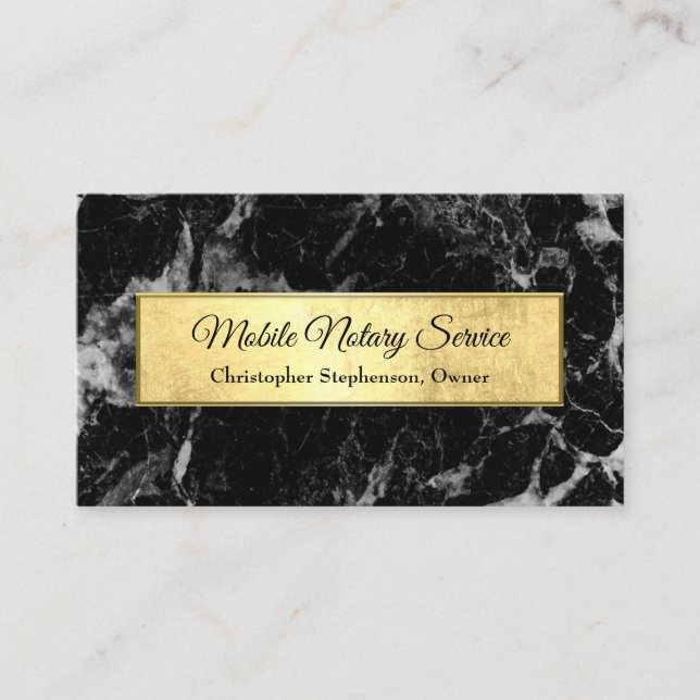 Modern Gold Black Marble Notary Service Business Card (Front)