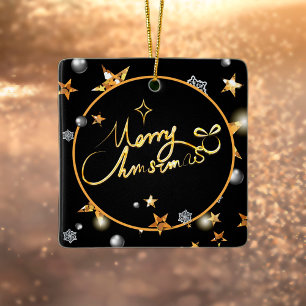 Modern Gold Black Metallic Stars Merry Christmas Ceramic Ornament
