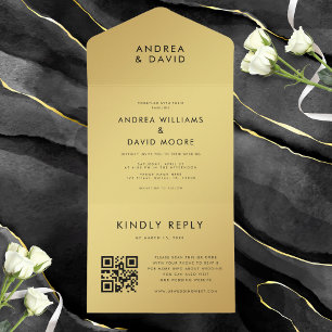 Modern Gold Black Minimalist QR Code RSVP Wedding  All In One Invitation
