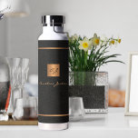Modern gold black monogram and name personalised water bottle<br><div class="desc">Modern monogrammed classy black leather like (PRINTED) and copper gold name signature script personalised elegant water bottle. Perfect gift for a birthday,  anniversary,  job promotion,  Christmas,  wedding or other celebration.</div>