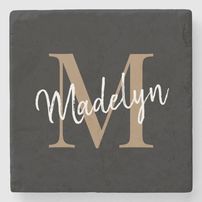 Modern Gold Black Monogram Feminine Script Name Stone Coaster (Front)