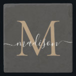Modern Gold Black Monogram Feminine Script Name Stone Coaster<br><div class="desc">Elegant Gold Black Monogram Feminine Script Name Stone Coaster</div>