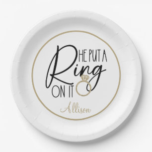 Modern Gold Black Name He put a Ring on it   Paper Plate