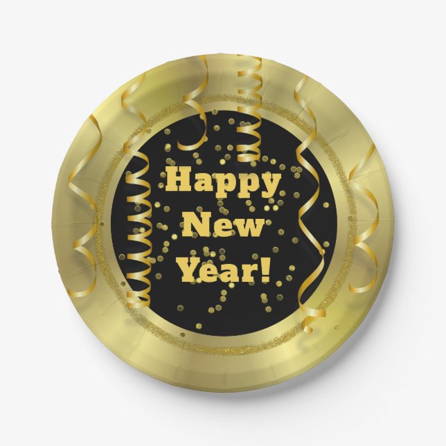 Modern Gold Black New Year's Eve Glam Paper Plate (Front)