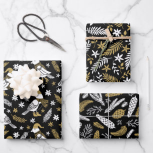 Modern Gold Black Partridge Pine Cones Botanical Wrapping Paper Sheet
