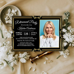 Modern Gold Black Photo Retirement Party Invitation