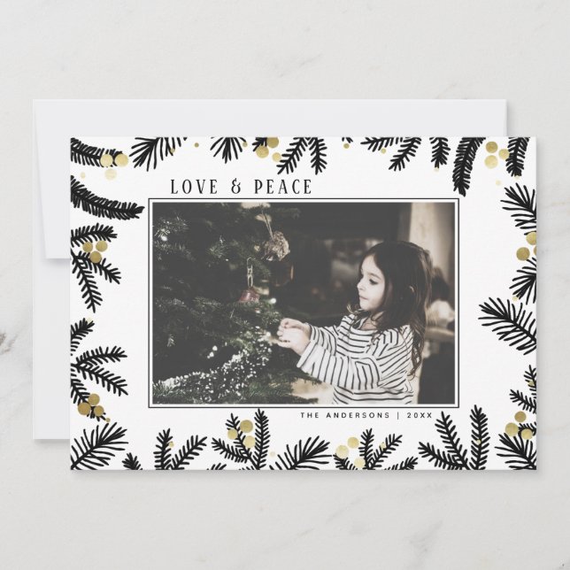 Modern Gold & Black Pine and Berries Holiday Photo (Front)