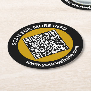 Modern Gold Black QR Code Custom White Text Round Paper Coaster