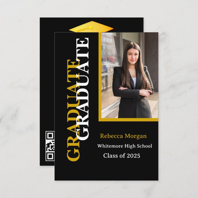 Modern Gold Black  Qr code Photo Graduation  Invitation (Front/Back)