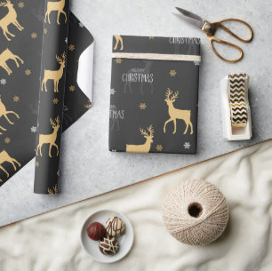 Modern Gold Black Rustic Reindeer Christmas Wrapping Paper