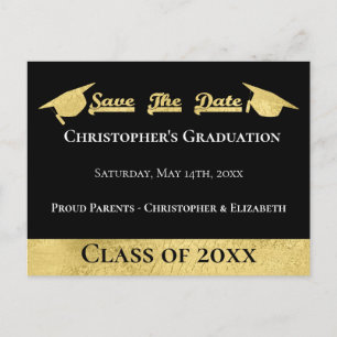 Modern  Gold Black Save The Date Graduation Cap Announcement Postcard