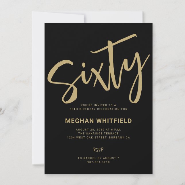 Modern Gold Black Sixty Script 60th Birthday Party Invitation (Front)