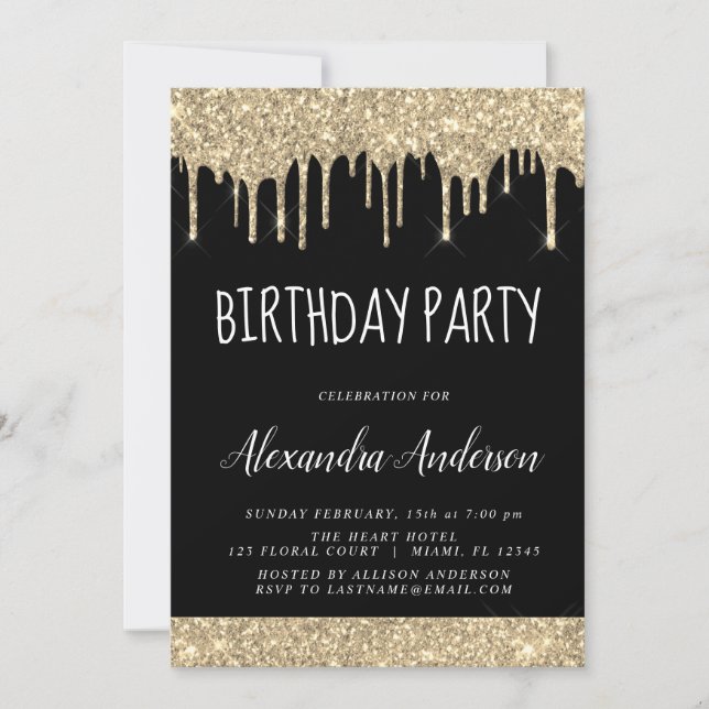 Modern Gold Black Sparkle Glitter Any Age Birthday Invitation (Front)