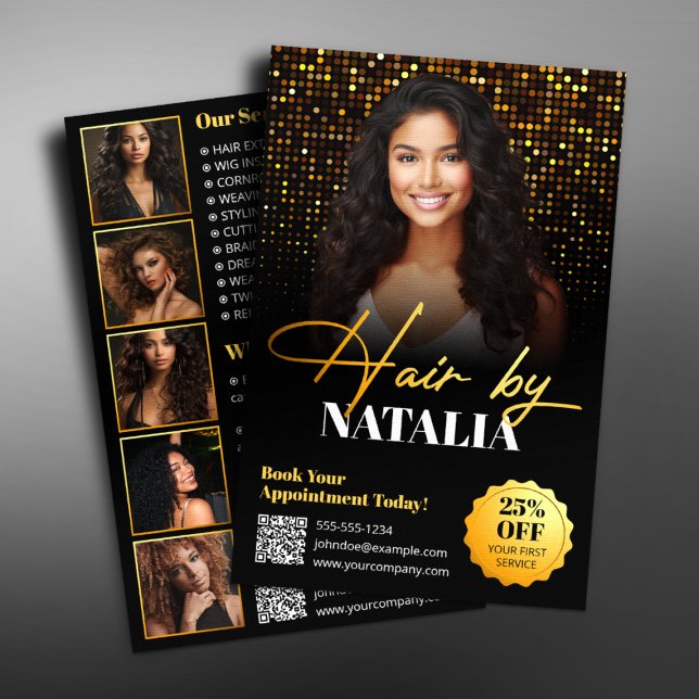 Modern Gold Black Sparkle Photo Hair Salon Service Flyer (Creator Uploaded)