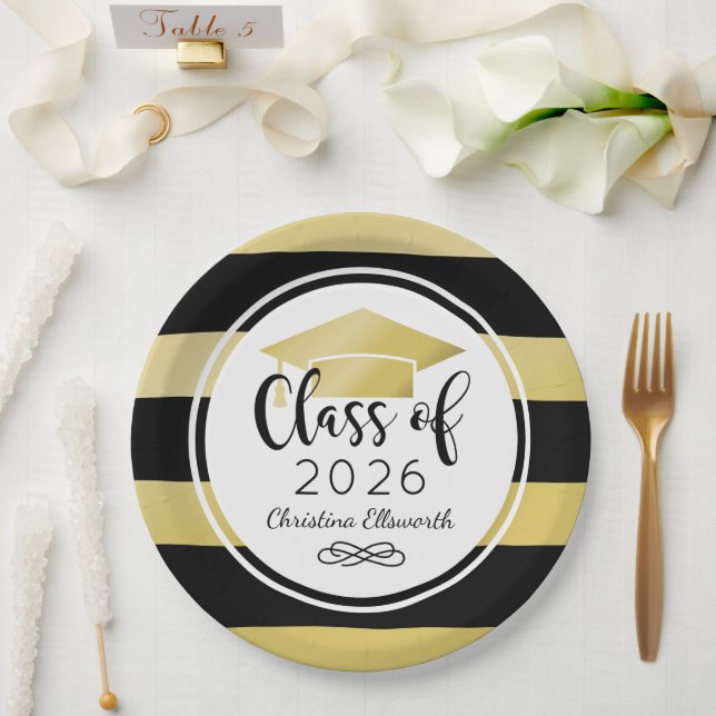 Modern Gold Black Stripes Custom Graduation Party Paper Plate (Wedding)
