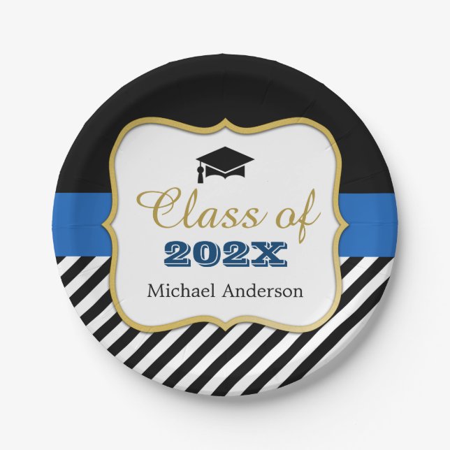 Modern Gold Black Stripes Grad Graduation Favour Paper Plate (Front)