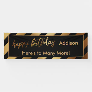 Modern Gold & Black Stripes Happy Birthday Banner