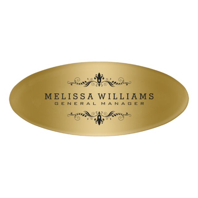 Modern Gold & Black Swirls Frame Name Tag (Front)