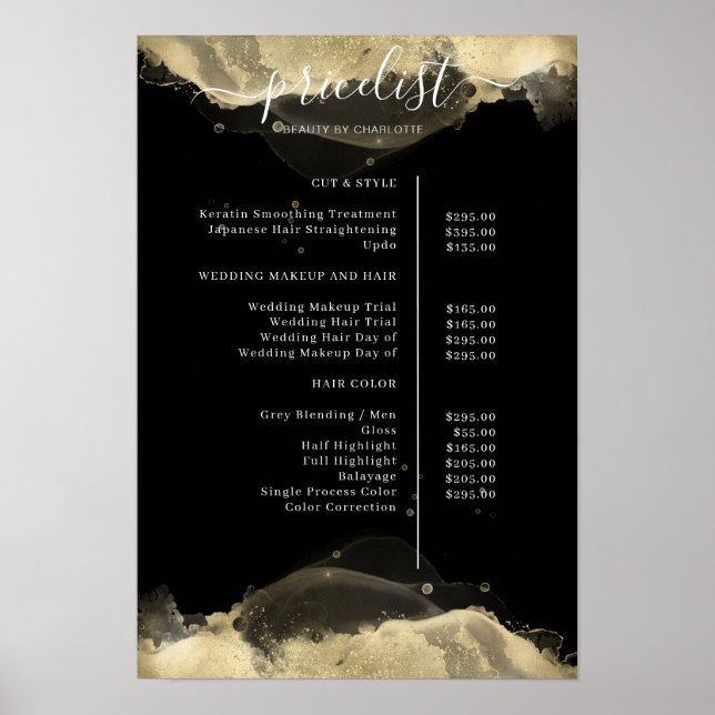 Modern Gold Black Watercolor Pricelist  Poster (Front)