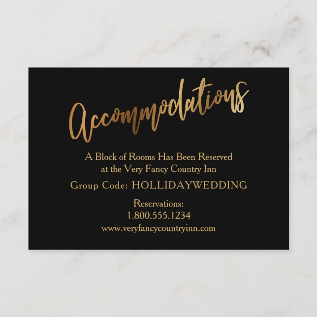Modern Gold & Black Wedding Accommodations Enclosure Card (Front)