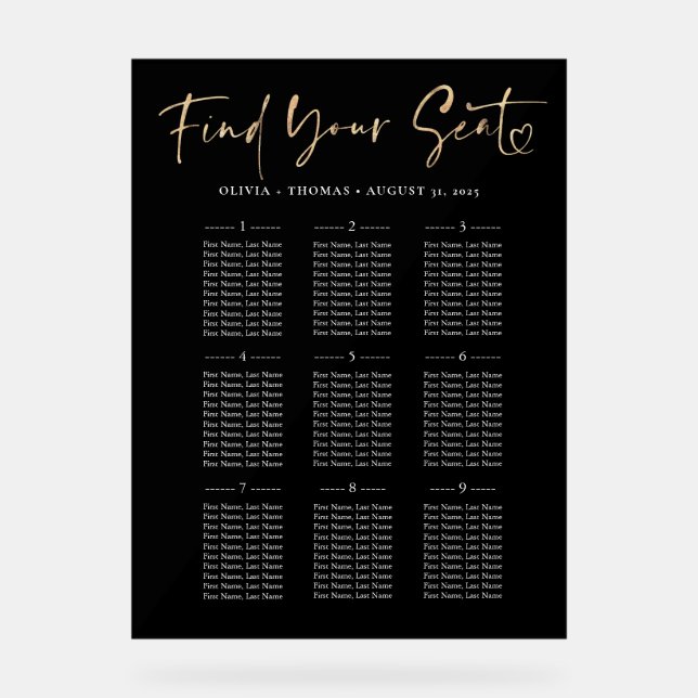 Modern Gold & Black Wedding Seating Chart (Front)