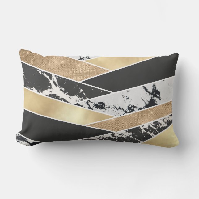 Modern Gold Black White Glitter Marble Geometric Lumbar Cushion (Front)