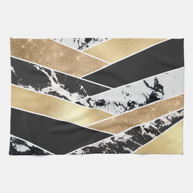 Modern Gold Black White Glitter Marble Geometric Tea Towel (Horizontal)