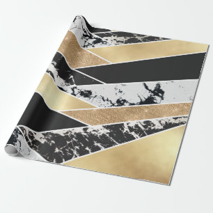 Modern Gold Black White Glitter Marble Geometric Wrapping Paper